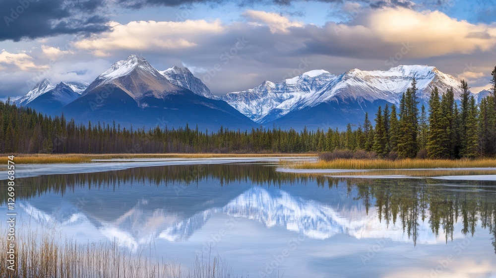 Serene Winter Landscape: Majestic Mountains Reflected in a Frozen Lake Serene Winter Landscape: Majestic Mountains Reflected in a Frozen Lake
