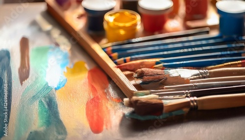 close up of paints brushes and crayons used in art therapy