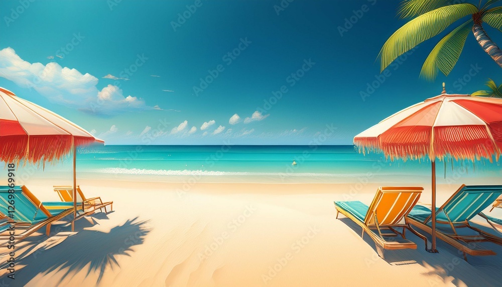 Fototapeta premium tropical beach scene with sun loungers and umbrellas under a clear blue sky