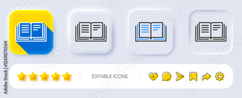 Book line icon. Neumorphic, Flat shadow, 3d buttons. Education symbol. Instruction or E-learning sign. Line education icon. Social media icons. Vector