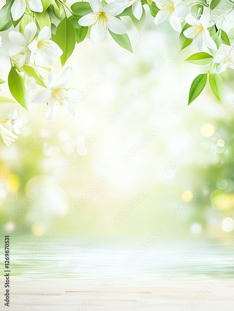 Hello spring! Banner with frame of delicate white apple flowers or cherry blossom reflecting over tranquil water surface of green bokeh background with copy space. Hello spring! Banner with frame of delicate white apple flowers or cherry blossom reflecting over tranquil water surface of green bokeh background with copy space.