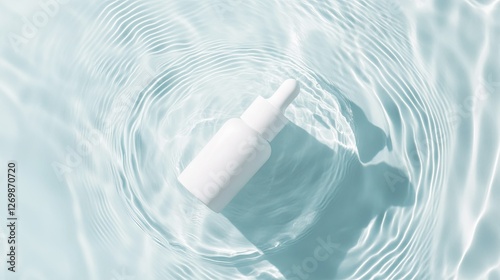  White serum bottle mockup in rippled water background, showcasing a fresh, clean beauty product concept.  Top view, flat lay, copy space