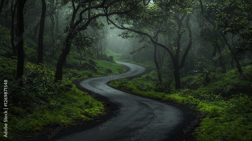 Winding road through misty green forest. Winding road through misty green forest.
