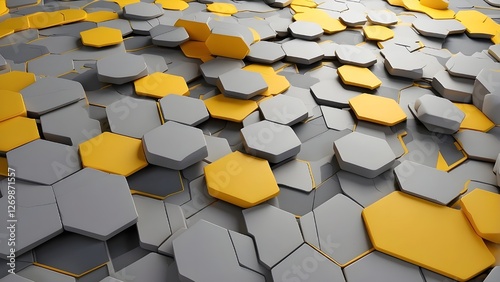abstract geometric background with a hexagonal pattern featuring gray and yellow 3D shapes. Concept of modern architecture and design.