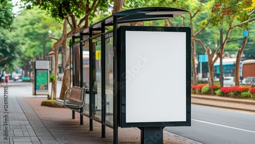 A modern bus stop shelter in an urban setting, ready for commuters.