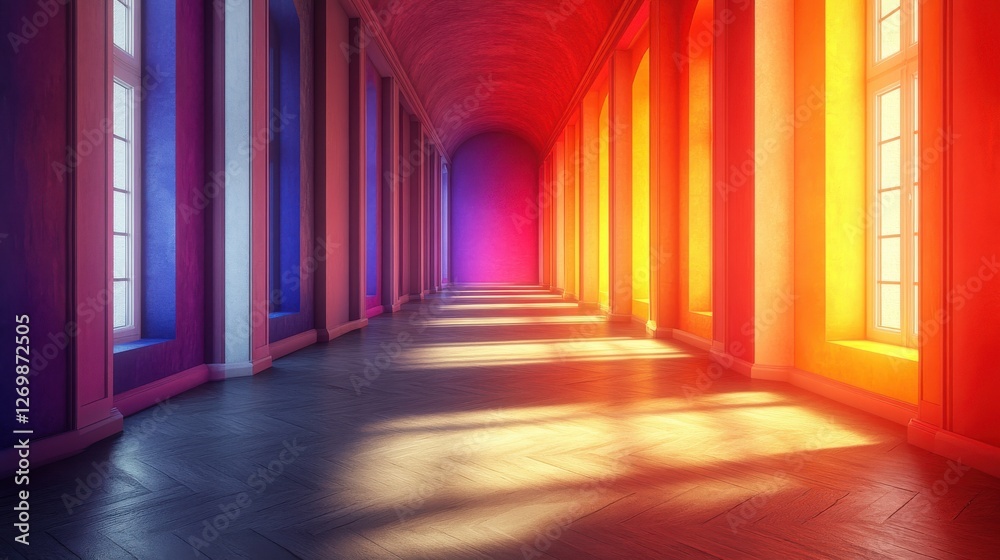 Fototapeta premium Vibrant Colorful Hallway with Dramatic Light and Shadows