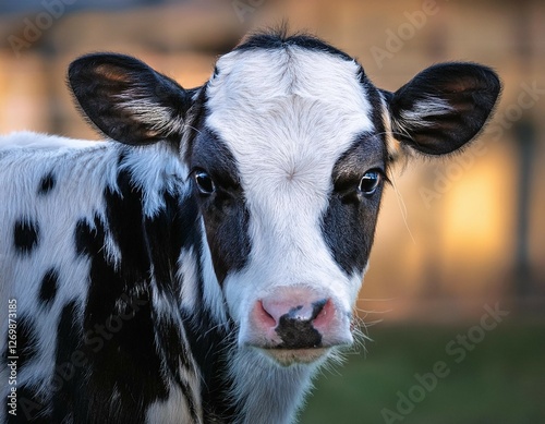 a close up of a young cow with distinctive black and white markings showcasing its expressive eyes and ears