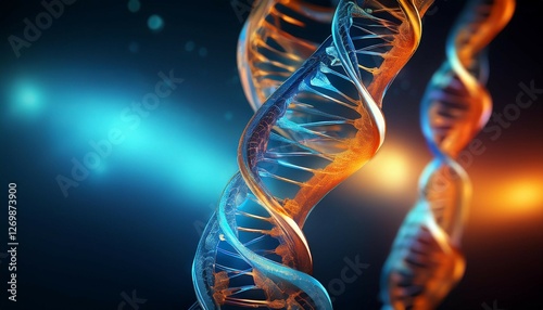a vibrant visualization of dna strands in blue and orange representing genetic science and molecular biology on a dark background