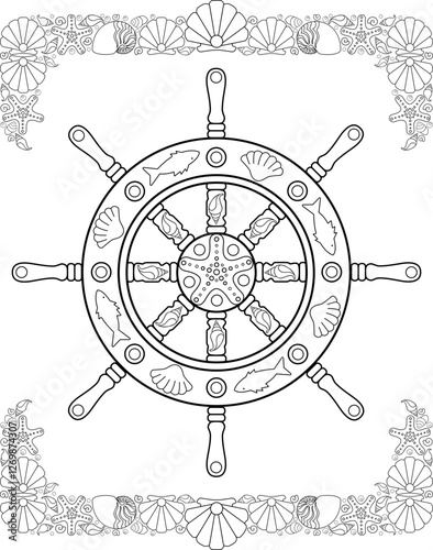 Sea vector coloring antistress with a helm decorated with shells, fish and starfish. Handwheel in a frame of marine ornaments - a vertical page for rsskrasky antistress. Outline.	