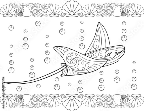 Antistress electric stingray with shell borders - vector linear picture for coloring. Outline. Coloring book with stingray fish with zentangles for coloring book.	