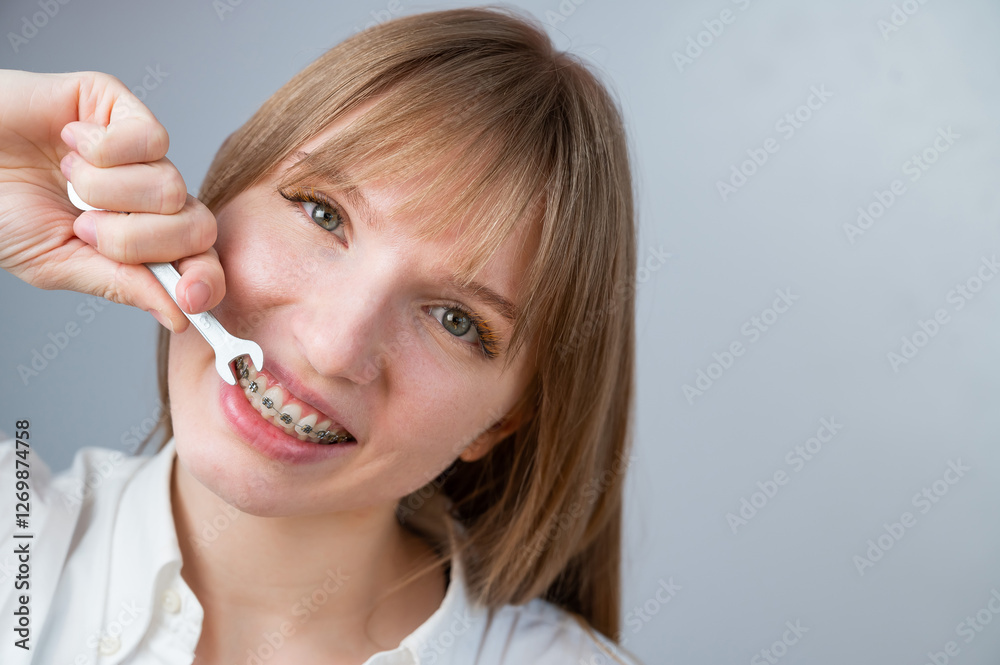 The woman jokingly tightens the wire of the brakes with a wrench. Bite correction device The woman jokingly tightens the wire of the brakes with a wrench. Bite correction device