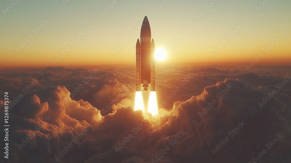 A space rocket stands tall on the launch pad, bathed in the warm glow of the setting sun. The panoramic sky symbolizes ambition, exploration, and the limitless potential of human innovation and dreams