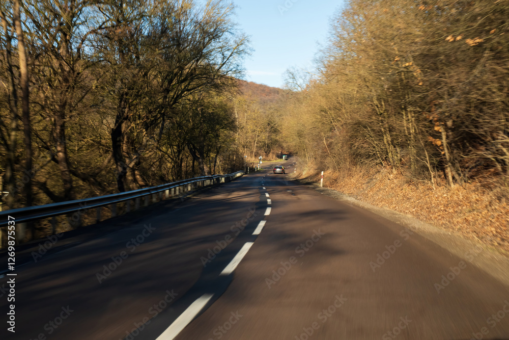 Fototapeta premium Motion blur view of a winding road through a forest 