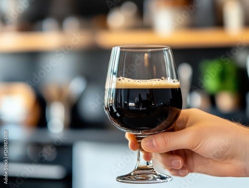 Rich stout beer in elegant glass.