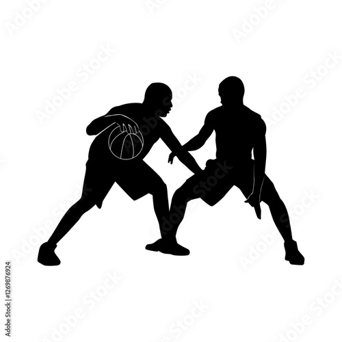 silhouette icon of two men dueling in basketball, black vector illustration of front view of sports men, athlete players