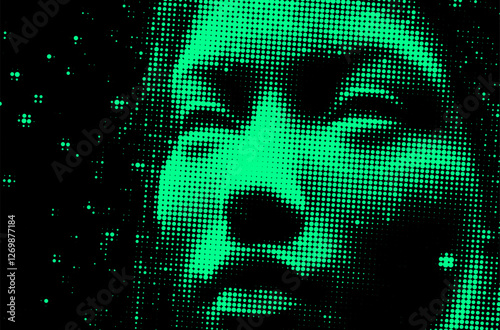 Vector illustration of a green pixelated face emerging from darkness, with parts dissolving into digital dots. It conveys a futuristic, abstract theme blending technology and human elements.