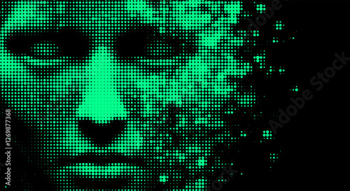 Vector illustration of a green pixelated face emerging from darkness, with parts dissolving into digital dots. It conveys a futuristic, abstract theme blending technology and human elements.