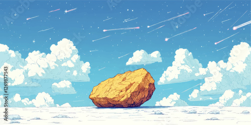 Awe-Inspiring Large Boulder on Snowy Landscape Under Clear Blue Sky with White Clouds and Meteor Shower in Stunning High Resolution Vector Art Illustration