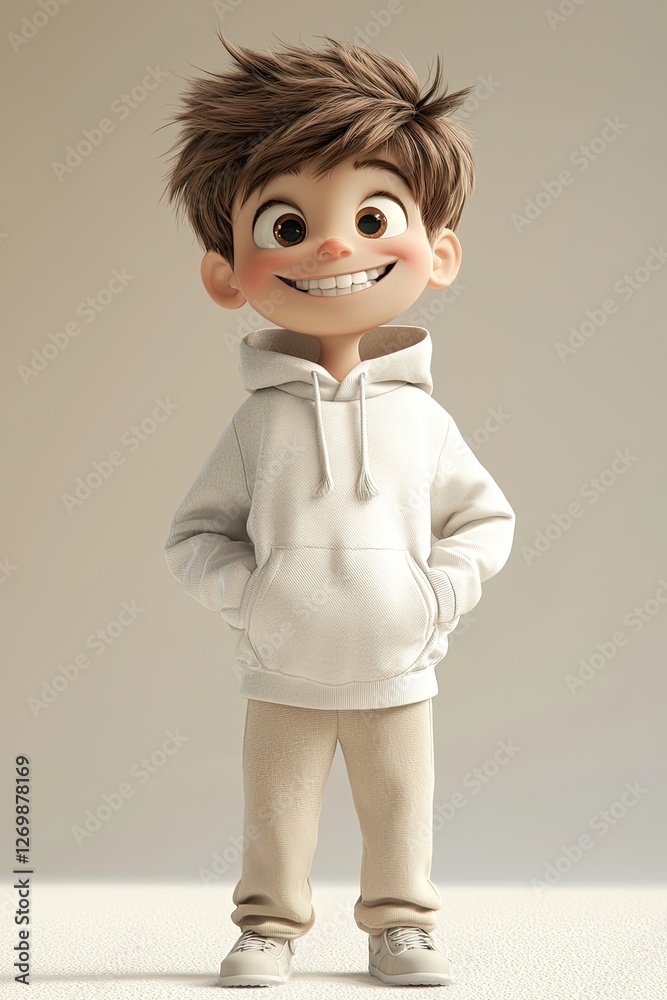 Smiling 3D Cartoon Boy in White Hoodie and Beige Joggers – High-Quality Digital Character for Animation, Branding, Gaming Avatars, and Social Media Marketing Smiling 3D Cartoon Boy in White Hoodie and Beige Joggers – High-Quality Digital Character for Animation, Branding, Gaming Avatars, and Social Media Marketing
