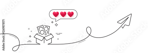 Bribe line icon. Continuous line with share plane. Money fraud crime sign. Cash box symbol. Hearts rate review in speech bubble. Bribe single line ribbon. Loop curve pattern. Vector