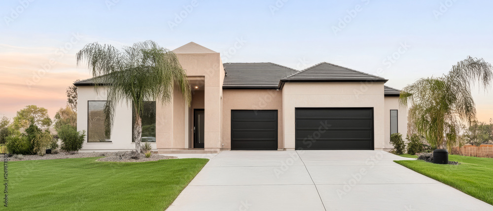 Fototapeta premium Modern single-story house with two-car garage and landscaped front yard at dusk