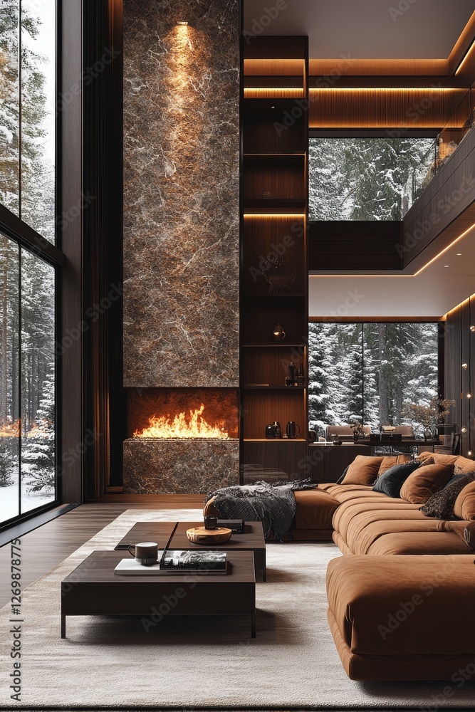 Fototapeta premium Cozy Bedroom With Large Window Overlooking Snowy Forest During Winter Evening