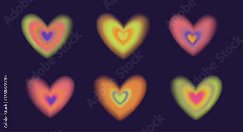 A vector illustration of three vibrant, glowing hearts with colorful gradients on a dark background. The design radiates warmth, love, and positivity, with smooth transitions between vivid hues.