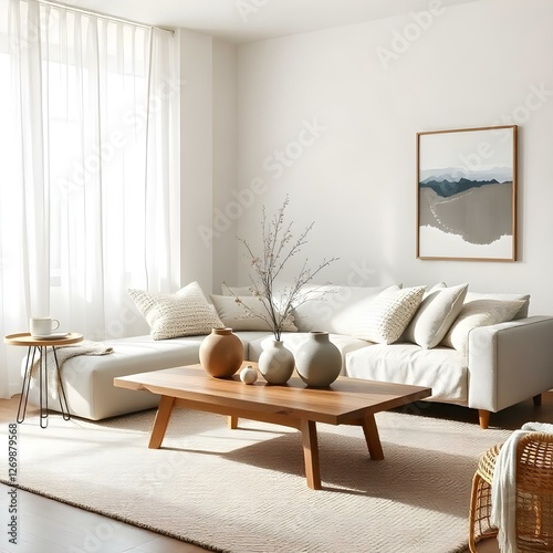 A minimalist Scandinavian living room, soft natural lighting filtering through sheer curtains, neutral-toned furniture, 1:1