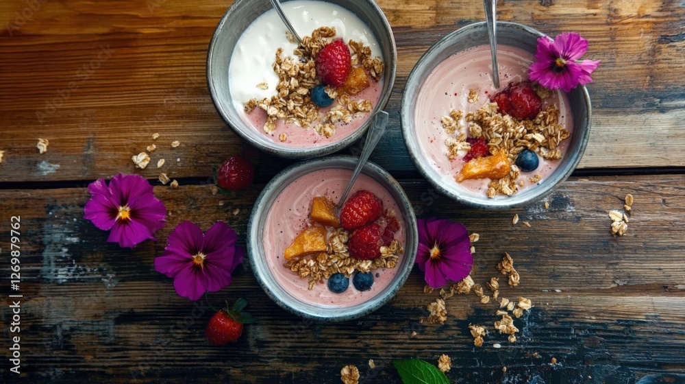 Delicious Yogurt Bowls with Fresh Fruits and Granola on Rustic Wood Delicious Yogurt Bowls with Fresh Fruits and Granola on Rustic Wood