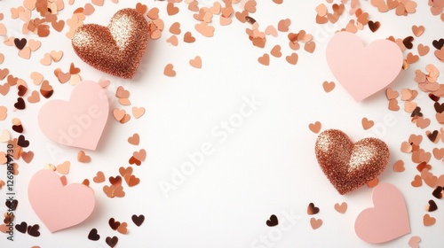 Rose Gold Hearts Scattered On White Background