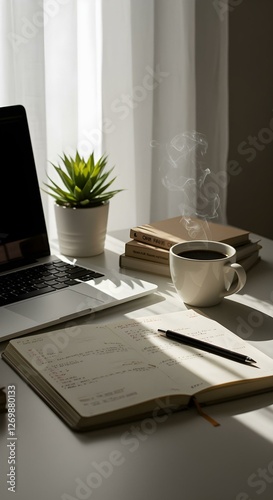 A well-organized, modern workspace featuring a sleek laptop, an open bullet journal with neatly written tasks, a cup of steaming black coffee, 9:16