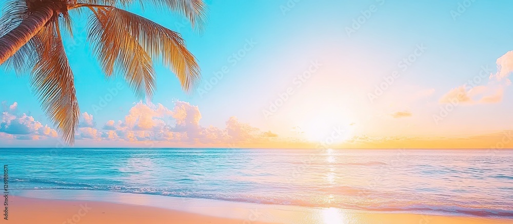 Obraz premium Serene Tropical Sunset Beach Scene With Palm Tree