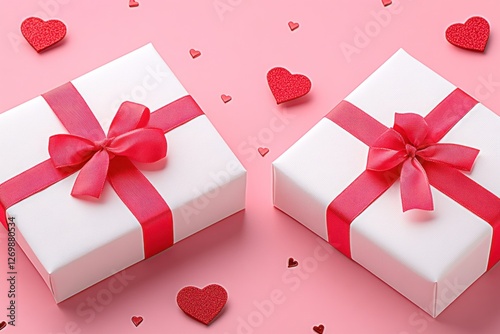 Two Wrapped Gifts With Red Ribbons And Hearts