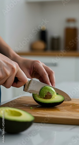 A cinematic close-up of a person slicing a ripe avocado on a sleek, modern cutting board. The knife is mid-cut, 9:16