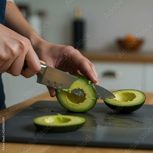 A cinematic close-up of a person slicing a ripe avocado on a sleek, modern cutting board. The knife is mid-cut, 9:16