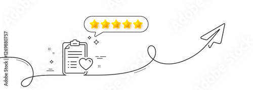 Medical survey line icon. Continuous line with share plane. Hospital patient history sign. Five star rate review in speech bubble. Patient history single line ribbon. Loop curve pattern. Vector