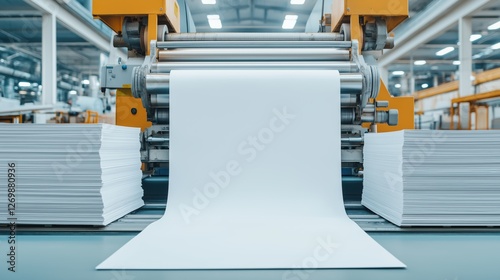 High-speed printing press in industrial facility with blank paper rolls and stacks, showcasing modern manufacturing processes