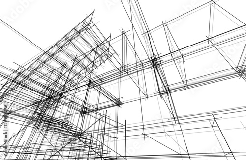 Vector Wireframe Architectural Drawing – Modern Building Sketch