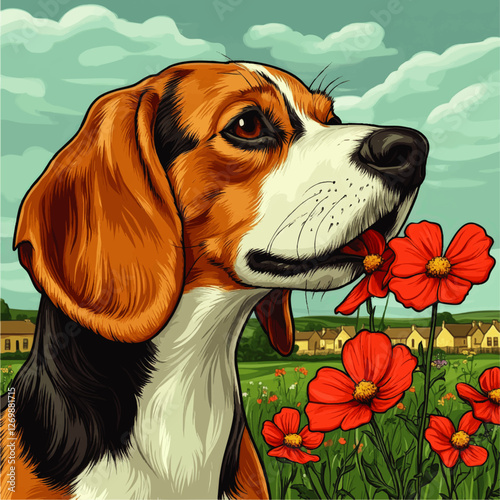 Vibrant Vector Illustration of Beagle Dog in Flower Meadow with Red Poppies and Country Houses Under Blue Sky Perfect for Animal and Nature Enthusiasts