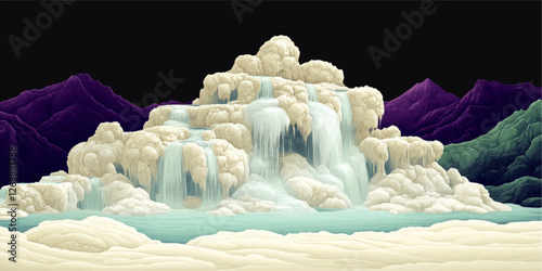 Majestic Vector Art of Surreal Waterfalls Cascading Over Cloud-Like Formations with Vibrant Purple and Green Mountains in a Serene, Dreamlike Landscape