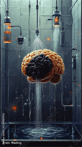 Surreal Vector Art of Brain Washing in Futuristic Shower with Industrial Pipes and Water Flow Illustration for Conceptual Mind Renewal and Science Fiction Themes