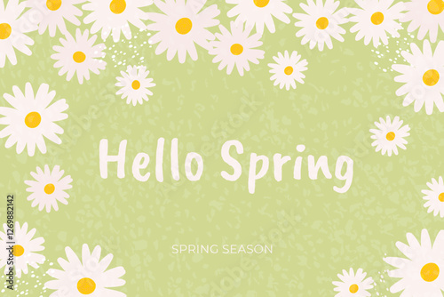 Hello Spring Banner with Chamomile and Texture on green background. Hand drawn Vector illustration
