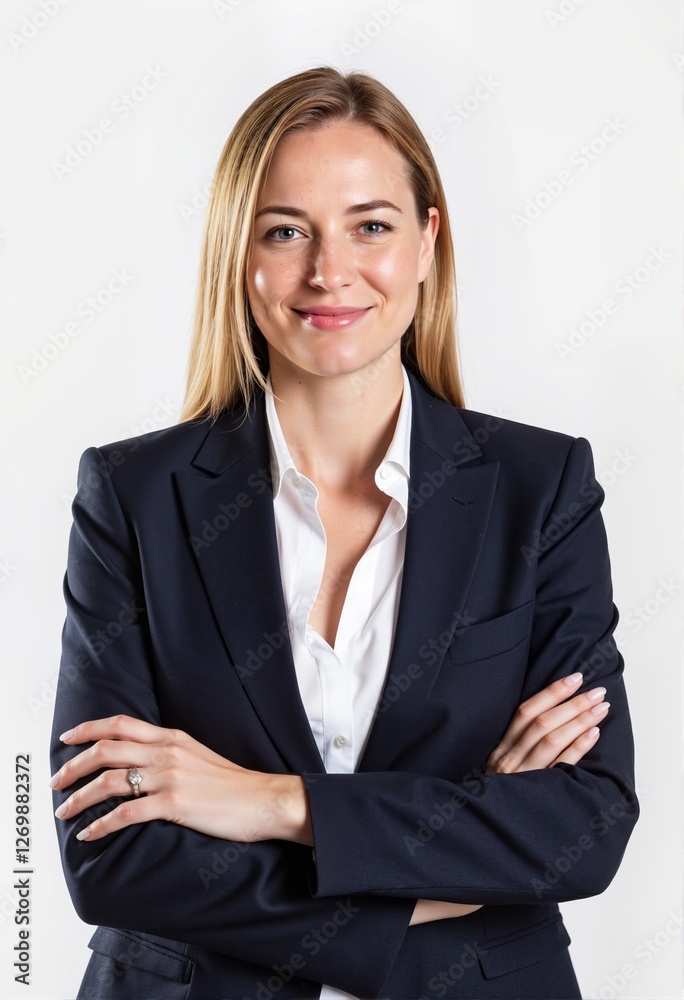 Confident businesswoman in her 30s, wearing a suit and standing in front of a white background Confident businesswoman in her 30s, wearing a suit and standing in front of a white background