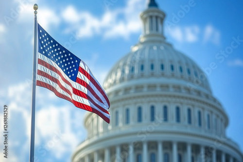 Bandera de Estados Unidos de América ondeando cerca del Capitolio photo