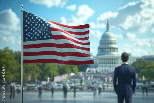 Bandera de Estados Unidos de América ondeando cerca del Capitolio