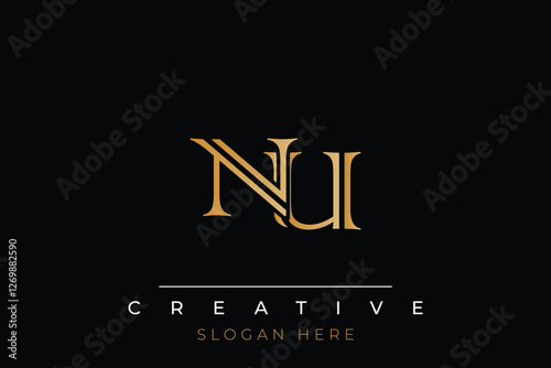 Sophisticated gold NU monogram logo on a sleek black background, ideal for branding, creative design, and luxurious themes.