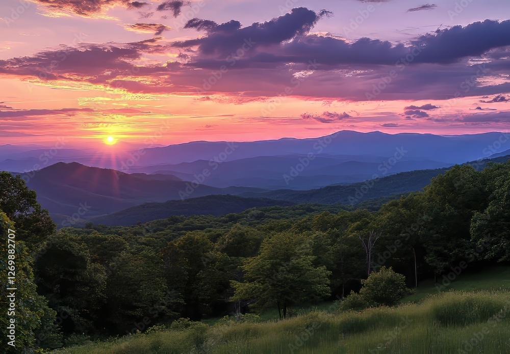 Sunset Over Rolling Hills and Valleys Showcases Vibrant Colors in the Sky Near a Lush Forest During Summer Twilight Hours Sunset Over Rolling Hills and Valleys Showcases Vibrant Colors in the Sky Near a Lush Forest During Summer Twilight Hours