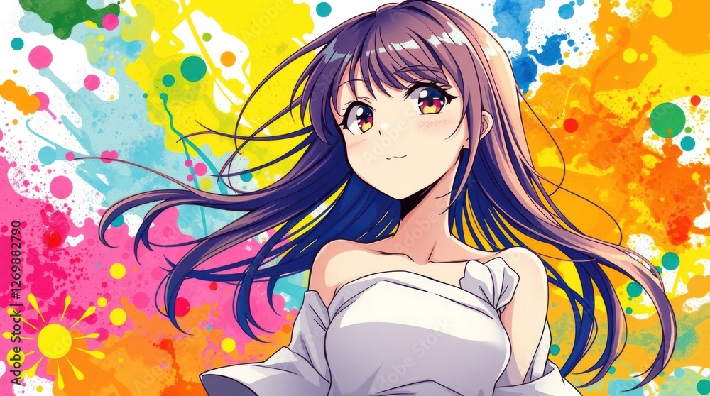 Anime girl with dark hair smiles against a vibrant and colorful background. Pretty colors and a cute face. Anime girl with dark hair smiles against a vibrant and colorful background. Pretty colors and a cute face.