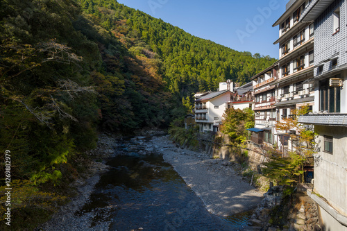 The Hidaka River and village in Ryujin in Asia, Japan, Kansai, Ryujin, in summer, on a sunny day. photo