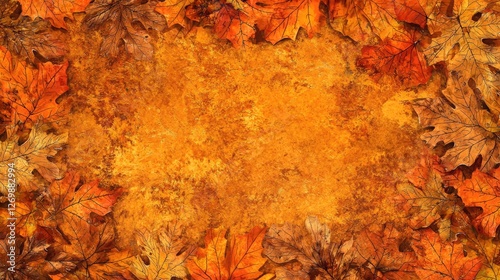 Autumn leaves border on orange background. Possible use Desktop wallpaper photo